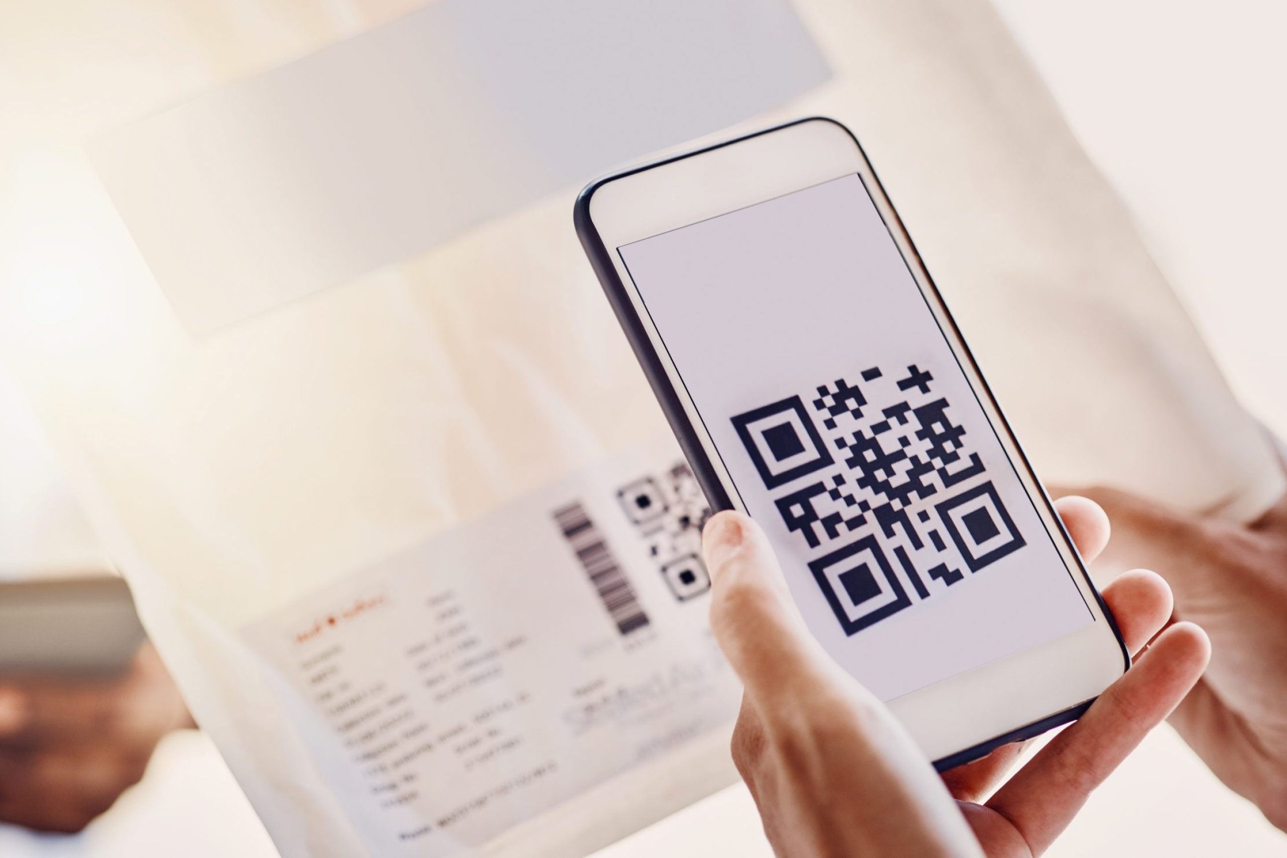 QR code, delivery and phone screen for online payment, paperless distribution and invoice. Mobile c.